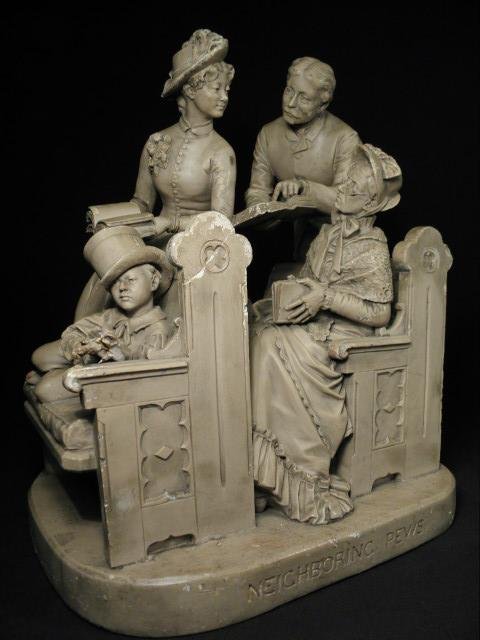JOHN ROGERS 19TH C PLASTER SCULPTURE: "NEIGHBORING PEWS: John Rogers 19th century painted plaster sculpture. Titled "Neighboring Pews" at the front of base. Signed "John Rogers New York" on the front top of base, and also marked "Patented Jan 29 1884" on ve