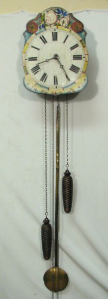 FRENCH HAND PAINTED WAG-ON-WALL CLOCK: An early French hand painted wag-on-the-wall clock. Original movement and pine cone weights, with a floral painted Roman numeral dial. Condition: minor discoloration and craquelure/crazing to face, mo