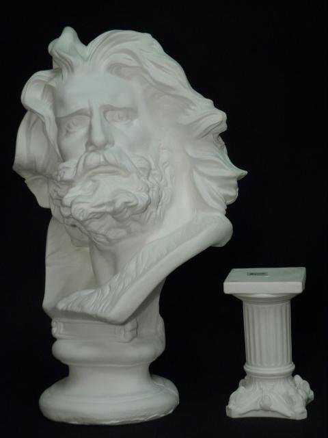 LARGE PLASTER BUST OF ZEUS: 2PCS: Large white plaster bust sculpture depicting the Greek god Zeus. Also includes a small plaster pedestal stand. Condition: small chip to hair on bust, minor roughness around edge of base, see images. S