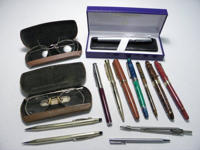 ASSORTED PENS & EYEGLASSES: TIFFANY & CO, WATERMAN, CRO: Group lot of assorted pens and eyeglasses. 14 pieces total. Includes a Tiffany "Diplomat" fountain pen with 18k gold tip, a Cross 1/20 12k gold-filled pen, a Cross 1/20 12k gold-filled mechanical penc