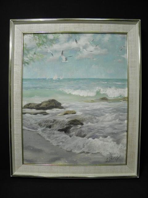 AL BUELL OIL ON CANVAS SEASCAPE PAINTING: Oil on canvas painting by Al Buell depicting a seascape view with sailboats and seagulls. Signed "Al Buell" lower right, and framed in an off white and gold tone frame. Condition: good, very minor wea