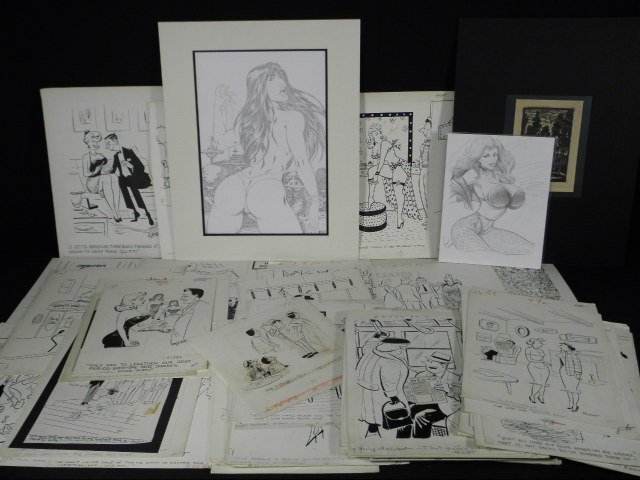 COLLECTION OF ASSORTED ENGRAVINGS & CARTOON SKETCHES: A collection of assorted original cartoon sketches and vintage engravings. Includes cartoons by artists such as Jack Lohr, Chas Skiles, Short, J.W. Lockley, Frank Ridgway, Mumford, Regan, Patrick, Pau