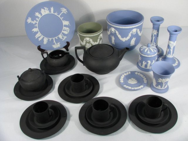 WEDGWOOD JASPERWARE & BLACK BASALT POTTERY: 25 PCS: Lot of assorted Wedgwood Jasperware and black Basalt pottery. Includes a 6" tall blue Jasperware pot, a 4.4" tall green Jasperware pot, a 9.5" diameter blue Jasperware plate, a small 4.5" diameter blu