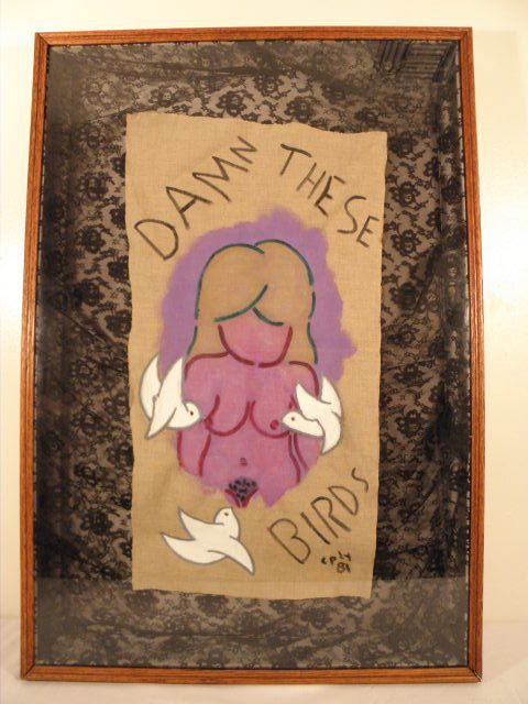 WILLIAM COPLEY (1919-1996) ACRYLIC ON LINEN PAINTING: William Nelson Copley (1919-1996) acrylic on linen painting "Damn These Birds". Framed in a shadow bow with black lace borders. Signed and dated lower right "Cply 81". Condition: good, see images. Fra