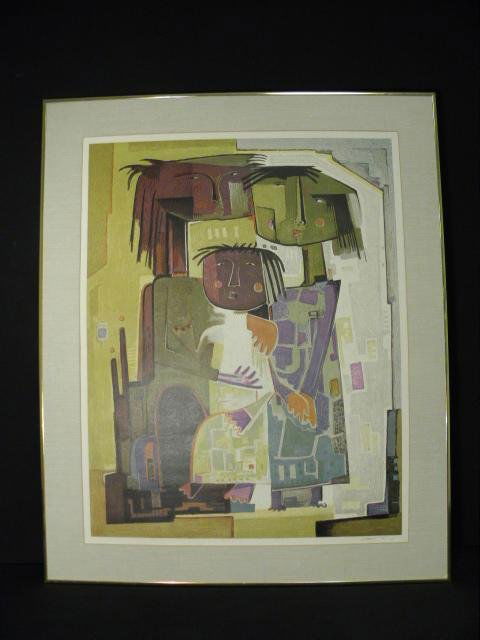 ANGEL BOTELLO SIGNED LITHOGRAPH POSTER: Angel Botello hand signed lithograph poster depicting three figures. Framed and matted in a gold tone poster frame, signed "Botello" lower right. Condition: no glass in frame, see images. Measures 30"