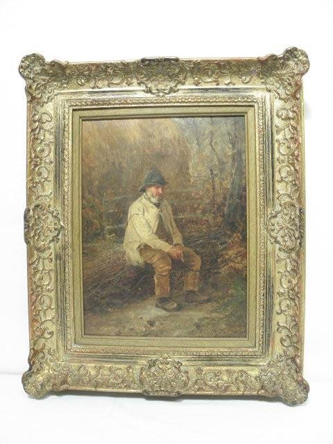ANTIQUE OIL ON CANVAS PAINTING: DAVID BATES 1886: Antique oil on canvas painting. Signed "David Bates 1886". Framed in original carved wood gilt frame. Depicts a man smoking a pipe. Condition: wear to frame as expected. Minor crackling to paint, see