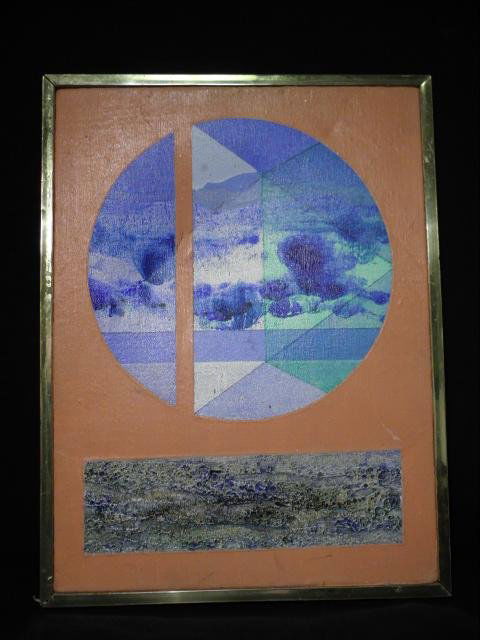 JAMES TWITTY OIL ON CANVAS PAINTING: "BLUE CIRCLE": James Twitty original oil on canvas abstract painting titled "Blue Circle". Framed in a gold tone metal frame, unsigned on the front, and signed and titled on verso on the edge of canvas fold "Twitty