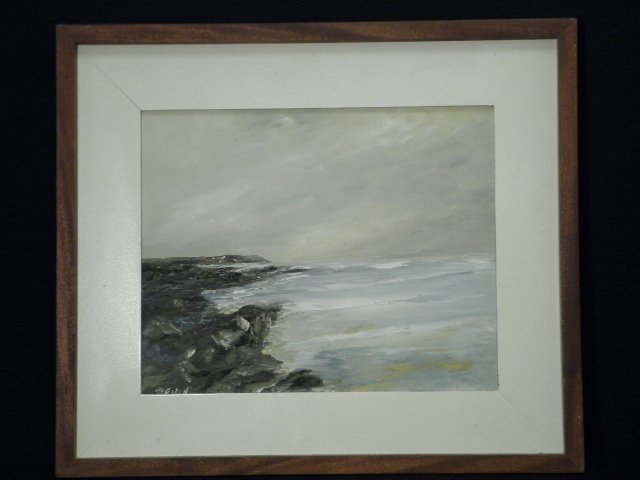 CLAUDE DEVIN OIL PAINTING: NORMANDY COAST: Claude Devin oil on canvas masonite board painting. Subject: Normandy Coast. Signed lower left "Devin". Framed and matted in a wooden frame. Condition: very minor discoloration to matting, some genera