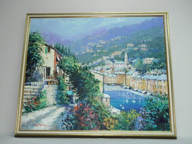 KERRY HALLAM OIL ON CANVAS PAINTING: COASTAL VIEW: Kerry Hallam (American, b.1937), oil on canvas painting depicting an Italian coastal scene. Signed lower left "Kerry Hallam", and framed in a simple gilt wood frame. Condition: good, see images. Measu