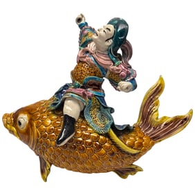 CHINESE ROOF STYLE TILE W/ WARRIOR RIDING KOI