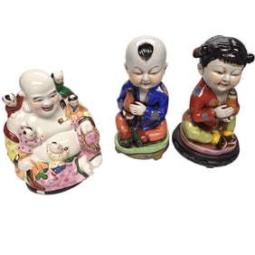 3pc CHINESE PORCELAIN GROUP- BOY, GIRL, BUDDHA