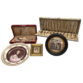 5 PC GROUPING OF SILVERWARE,PLATE,LID,PORTRAIT