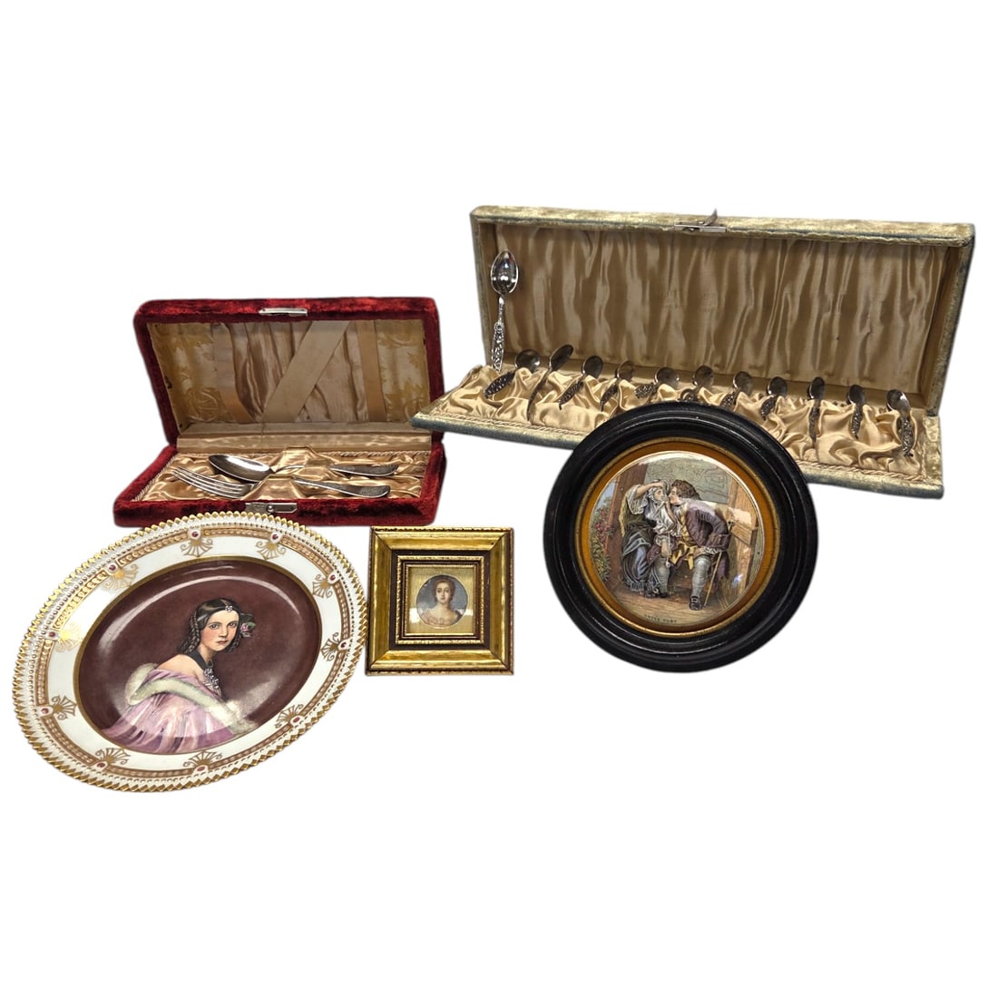 5 PC GROUPING OF SILVERWARE,PLATE,LID,PORTRAIT: This unique collection features five distinct items: 1. A set of twelve sterling demitasse spoons by Whiting Manufacturing, Union Square NY, circa 1885. The spoons, each measuring 3.5 inches, are hous