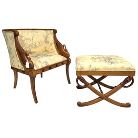 BARREL BACK ARMCHAIR W/ SWAN ARMS and OTTOMAN