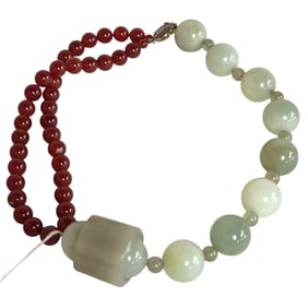 JADE & CARNELIAN BEAD NECKLACE WITH ARCHER RING