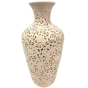 BLANC DE CHINE RETICULATED VASE-FLORAL & LEAVES