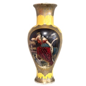 ORIENTALIST POTTERY FLOOR VASE W/ ENAMEL PORTRAIT