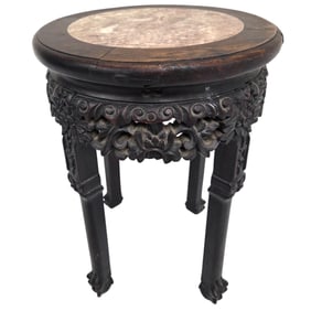 ROUND CARVED WOOD & MARBLE ASIAN SIDE TABLE