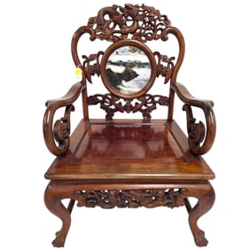 CHINESE CARVED WOOD CHAIR WITH MARBLE INLAY