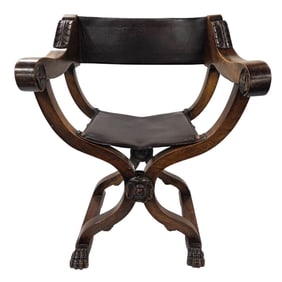 LEATHER AND WOOD CURULE CHAIR