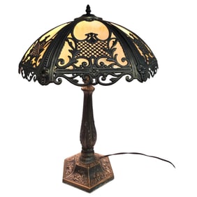6 PANEL ART NOUVEAU STYLE SLAG STYLE GLASS LAMP