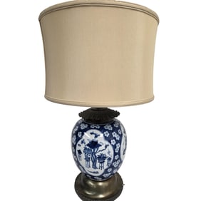 ASIAN BLUE & WHITE LAMP W/ FLOWERS & SHADE