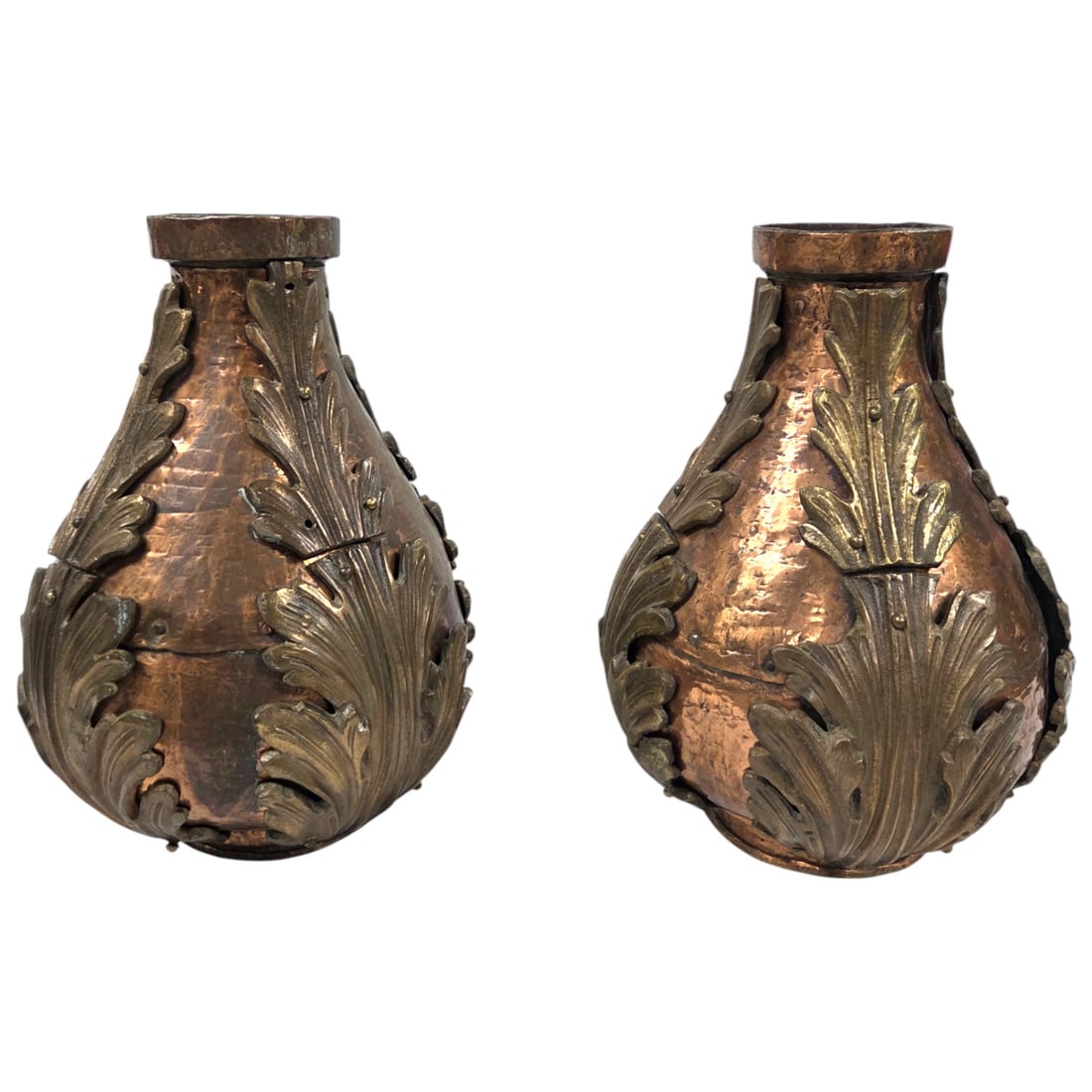 PAIR OF HAMMERED COPPER VASES W/BRASS LEAF DETAIL (1 of 12)