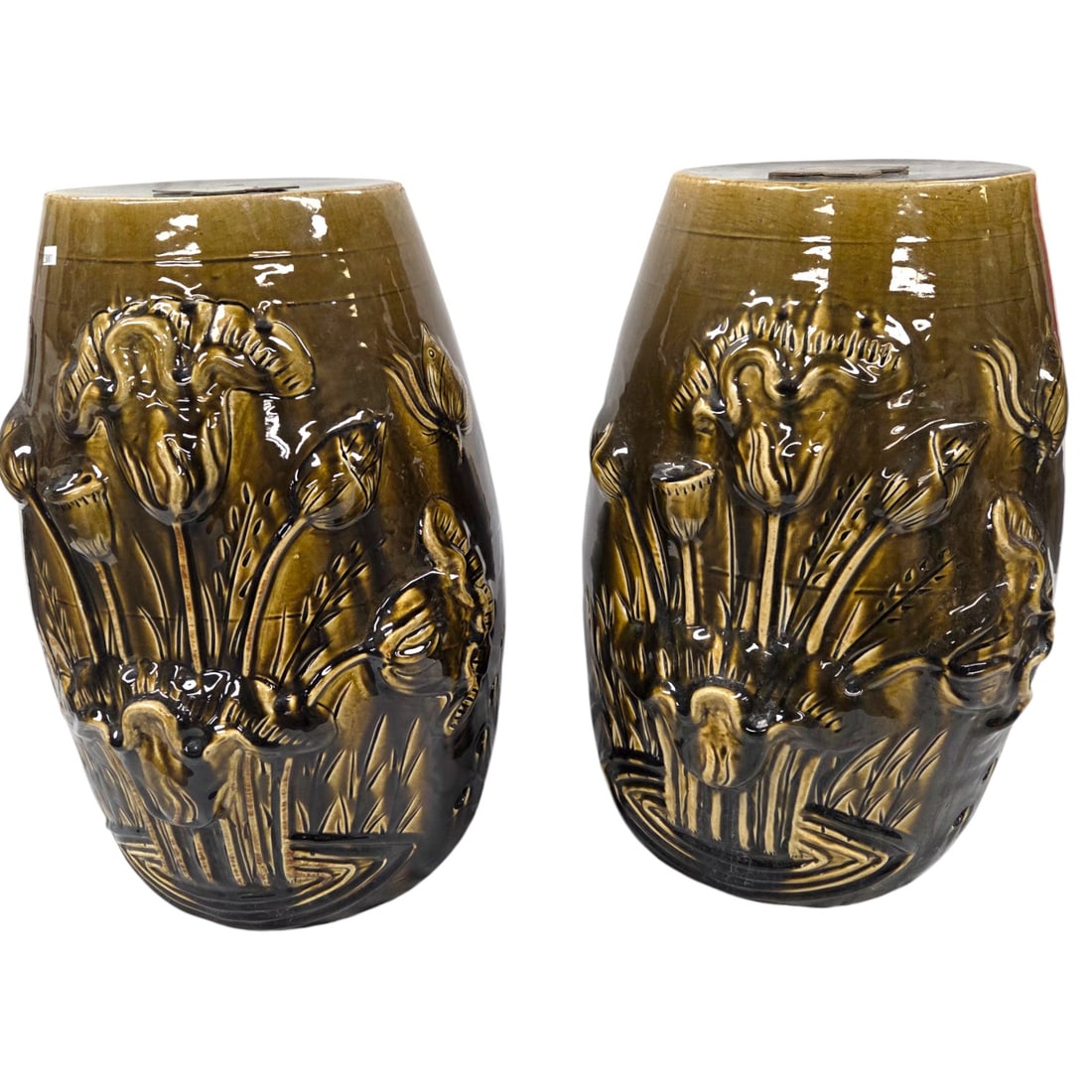 2 CERAMIC BROWN GLAZED GARDEN SEATS / STOOLS (1 of 5)