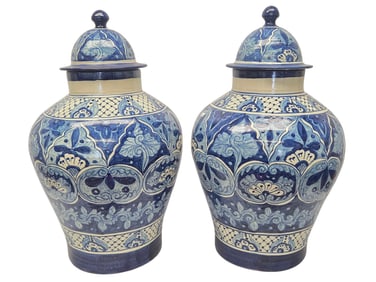 2 HAND PAINTED BLU/WHT TALAVERA GINGER JARS W/LIDS