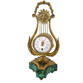 PETITE FRENCH 19th C LYRE GILT BRONZE MANTEL CLOCK