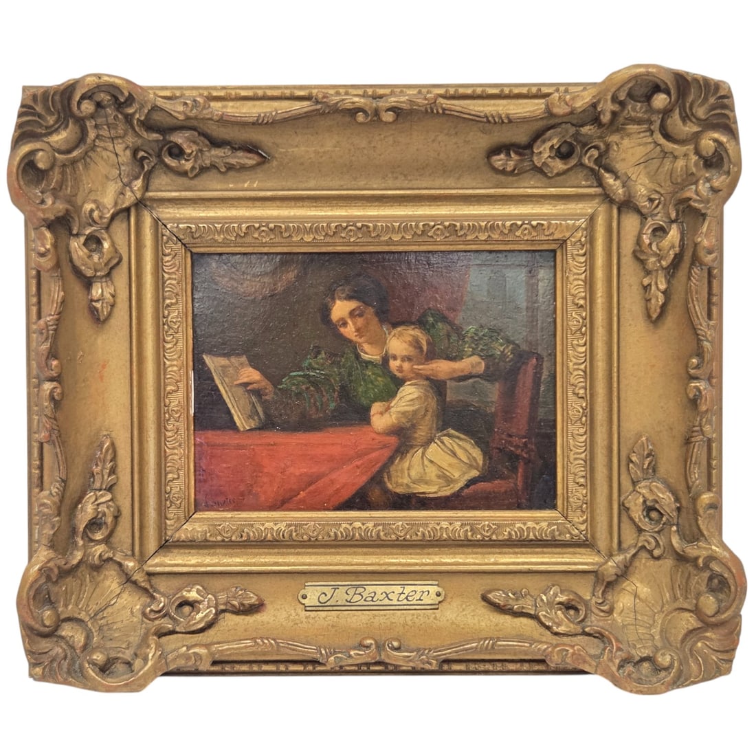 J. BAXTER "READING TIME" PAINTING ON PANEL: A charming painting titled 'Reading Time' by artist J. Baxter, rendered on a panel with dimensions of 4.5" x 6.5". The artwork features a tender scene, possibly depicting a mother and child engaged in