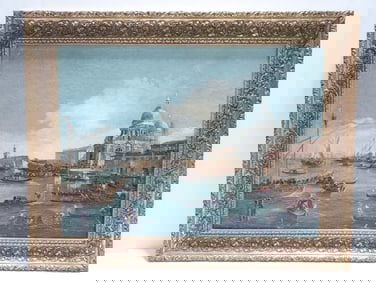 VINTAGE VENICE HARBOR SCENE OIL ON CANVAS