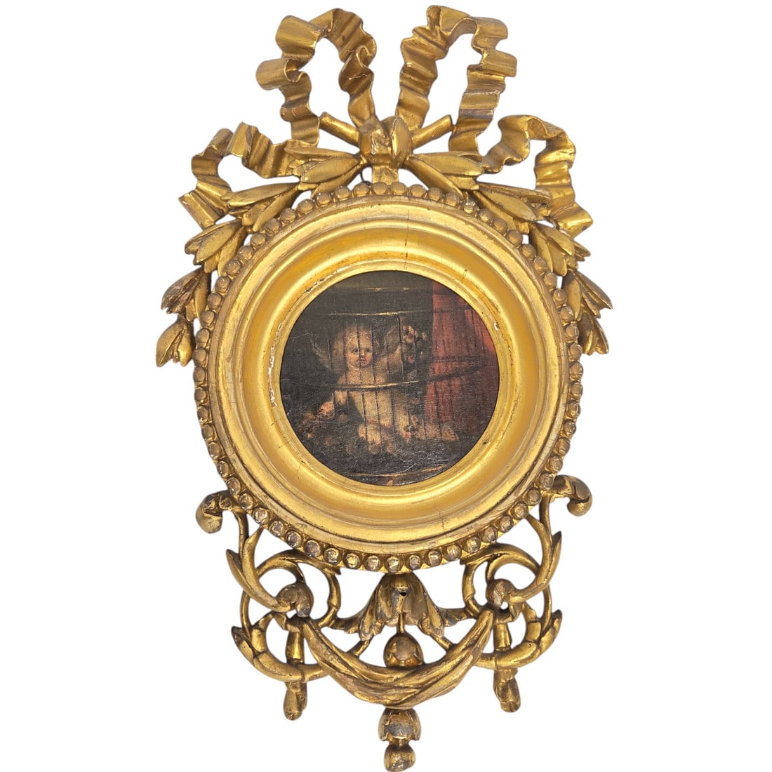 CHERUB PAINTING WITH ORNATE GOLD FRAME: Cherub painting on canvas, attached to frame with panel backing. MP, 5 painted on backing. Site size measuring 5.5" with gold carved wood ornate frame. Outside size measuring 18" x 10". Weight 2.3 lbs