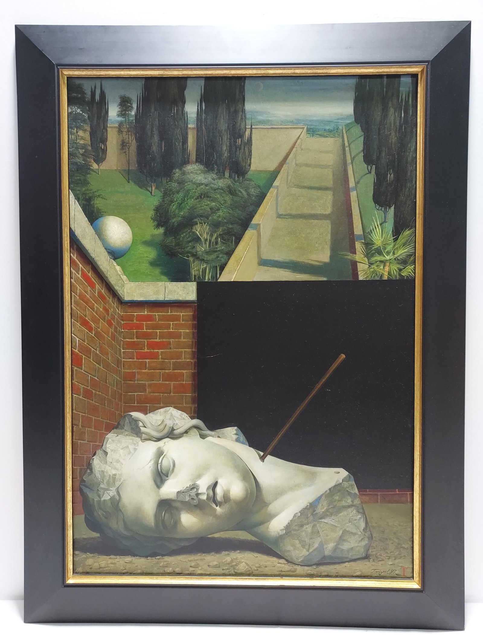 MICHAEL TRIEGEL SURREALISM PAINTING ON PANEL DREAM: Michael Triegel surrealism mixed media painting on wood panel. Label from Worthington Gallery verso with title "Dream". Painting is signed and dated lower right "Triegel 97 T". Measures (frame) 39.75"