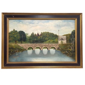 STONE BRIDGE W/ LANDSCAPE PAINTING BY HANSEN