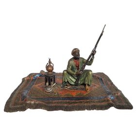 LARGE FRANZ BERGMAN BRONZE: MAN ON RUG W/ RIFLE