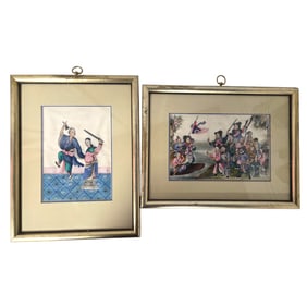 2 ASIAN FIGURATIVE GOUACHE PAINTINGS ON PITH PAPER