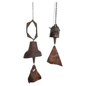 TWO PAOLO SOLERIE BRUTALIST-STYLE WIND CHIMES