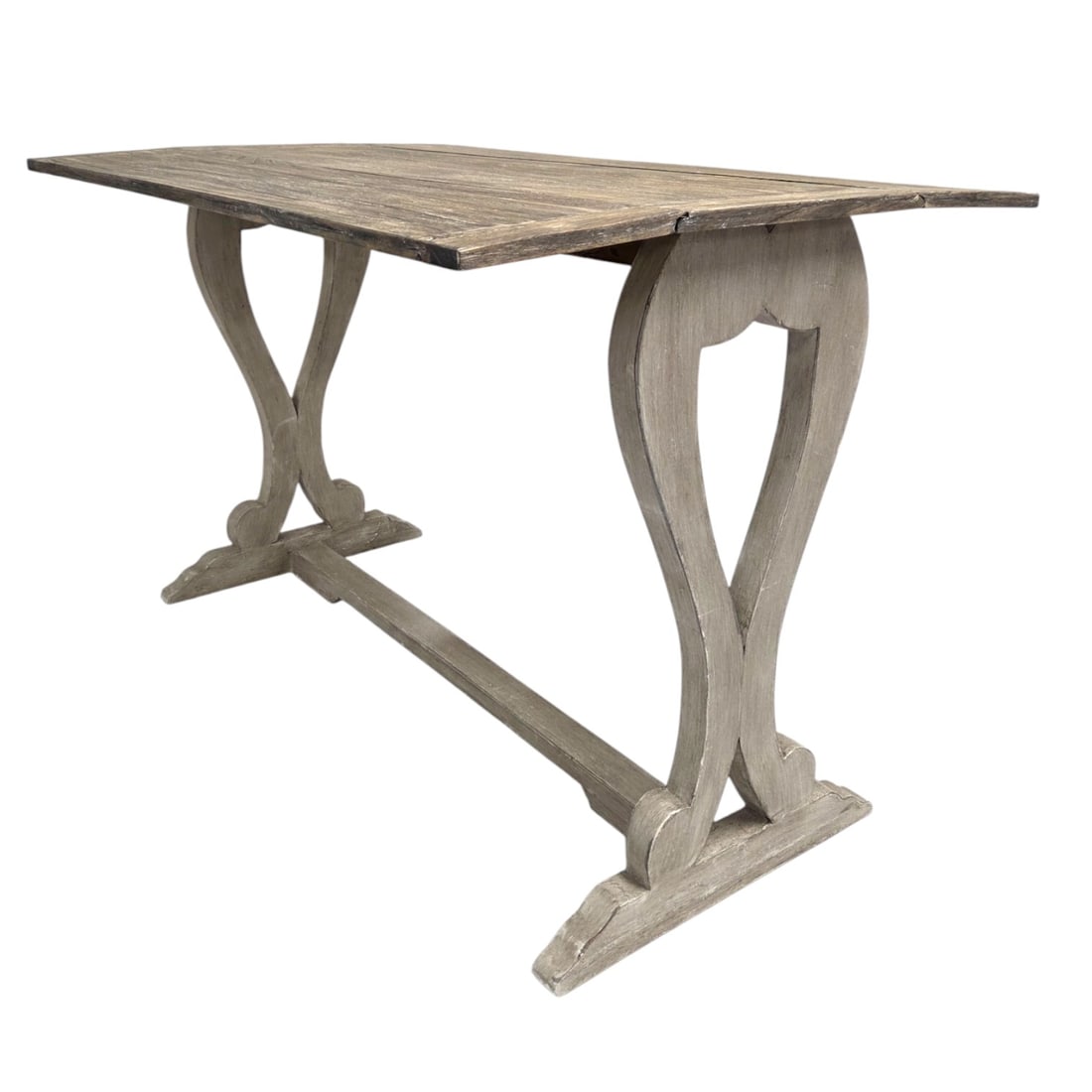 LIGHT WOOD DISTRESSED FLIP TOP CONSOLE TABLE: Distressed wood flip top console table measuring 29.5" H x 47" W x 30" D. ( when open) Good condition.