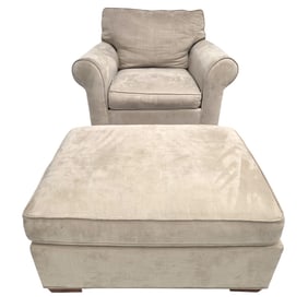 POTTERY BARN TAN UPHOLSTERED CHAIR W/ OTTOMAN