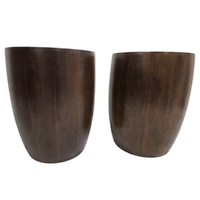 2 DARK BROWN WOOD DRUM STOOLS