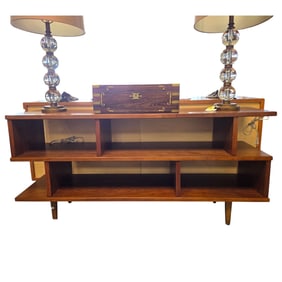 MID-CENTURY STYLE TEAK CONSOLE MEDIA BOOKCASE
