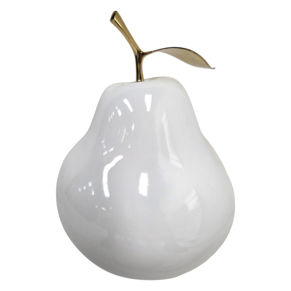 4 LARGE MODERN ENAMELED METAL FRUIT DECORATIVES: Four oversized sculptures of fruit. Large white cherry metal sculpture with gold stem measuring 21"H x 10.5" W. Red cherry sculpture with gold stem measures 10.5"H x4.5" W. White metal Apple sculpture