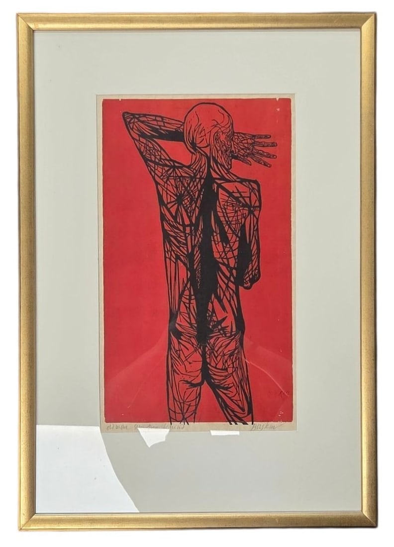 LEONARD BASKIN WOODBLOCK: OLD MAN SEEN FROM BEHIND: Leonard Baskin 'Old Man Seen from the Back' red/black wood block print on wove paper. Visual image: 20H x 11 1/2"W. 3.5" white rag mat under glass with 1" gold flat panel frame. Frame outside size: 29
