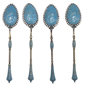 4 RUSSIAN STERLING ENAMEL DEMITASSE COFFEE SPOONS
