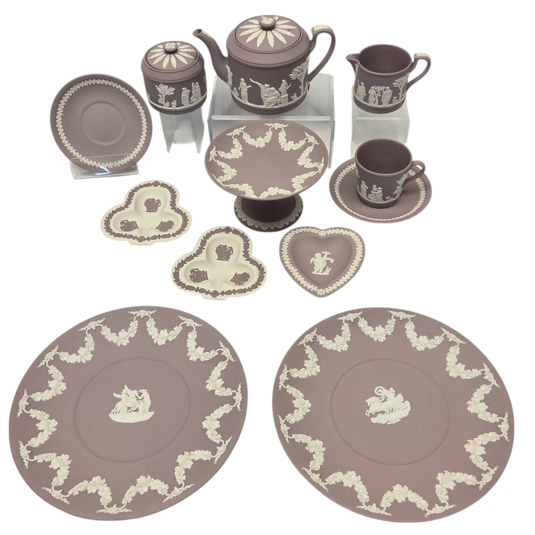 WEDGWOOD LAVENDER JASPERWARE 10pc: 10 pc. Wedgwood Lavender Jasperware grouping consisting of: Teapot with lid (small chip on spout) 4.5"H x 7" (Handle to spout); sugar bowl with lid 3.5" x 3.5", creamer 3.5" x 4.5"( handle to spout);