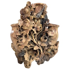 CHINESE SOAPSTONE CARVING OF BIRDS, FLOWERS, VASES