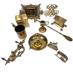 11PC BRASS DECORATIVE BOX, CANDLESTICKS, TRIVET,