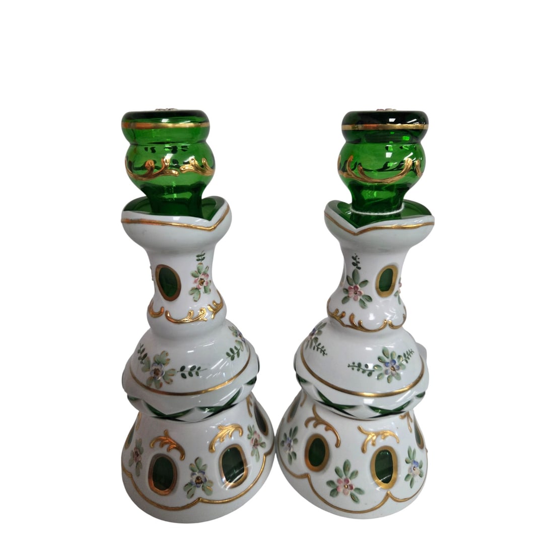 PR BOHEMIAN GREEN CASED GLASS DECANTERS (1 of 7)