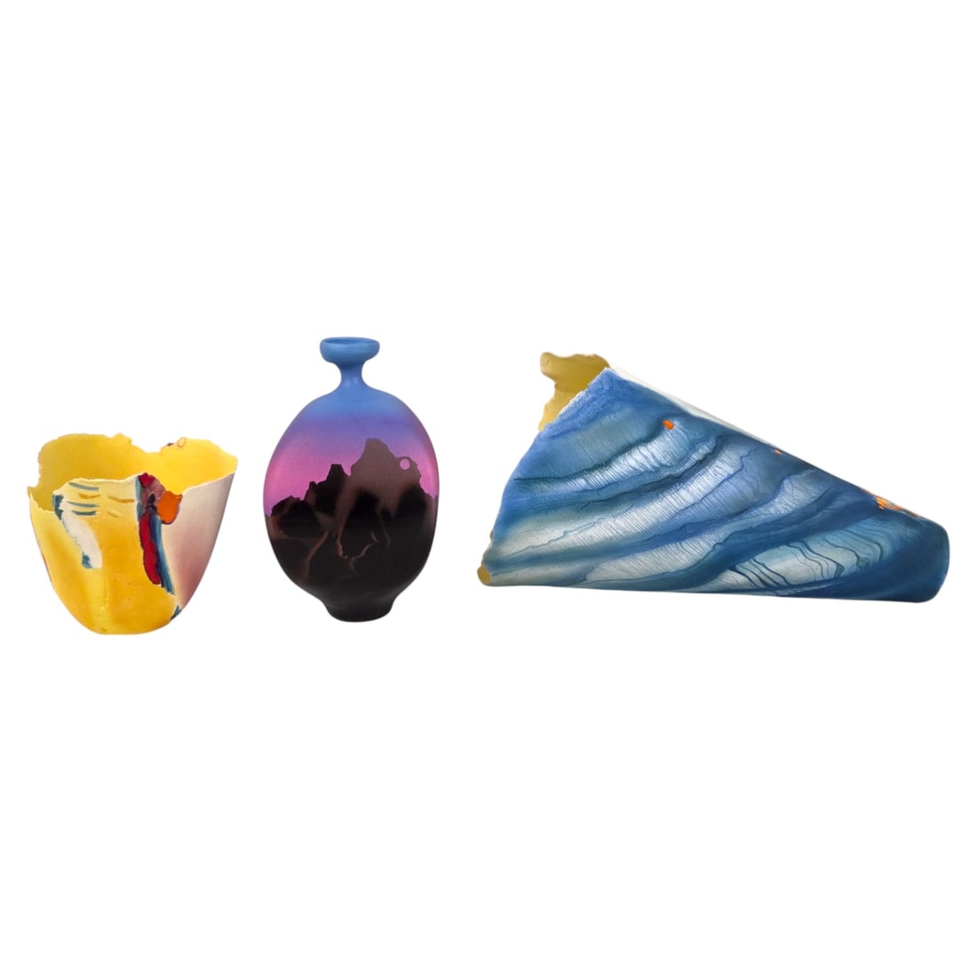 3 PIECES D GETSINGER COLORFUL ART POTTERY: Three colorful art pottery vases by Donna Getsinger. Each with a raw edge, brilliant color and matte finish. The first is a 1990 small yellow piece with touches of orange, purple, blue with a folded